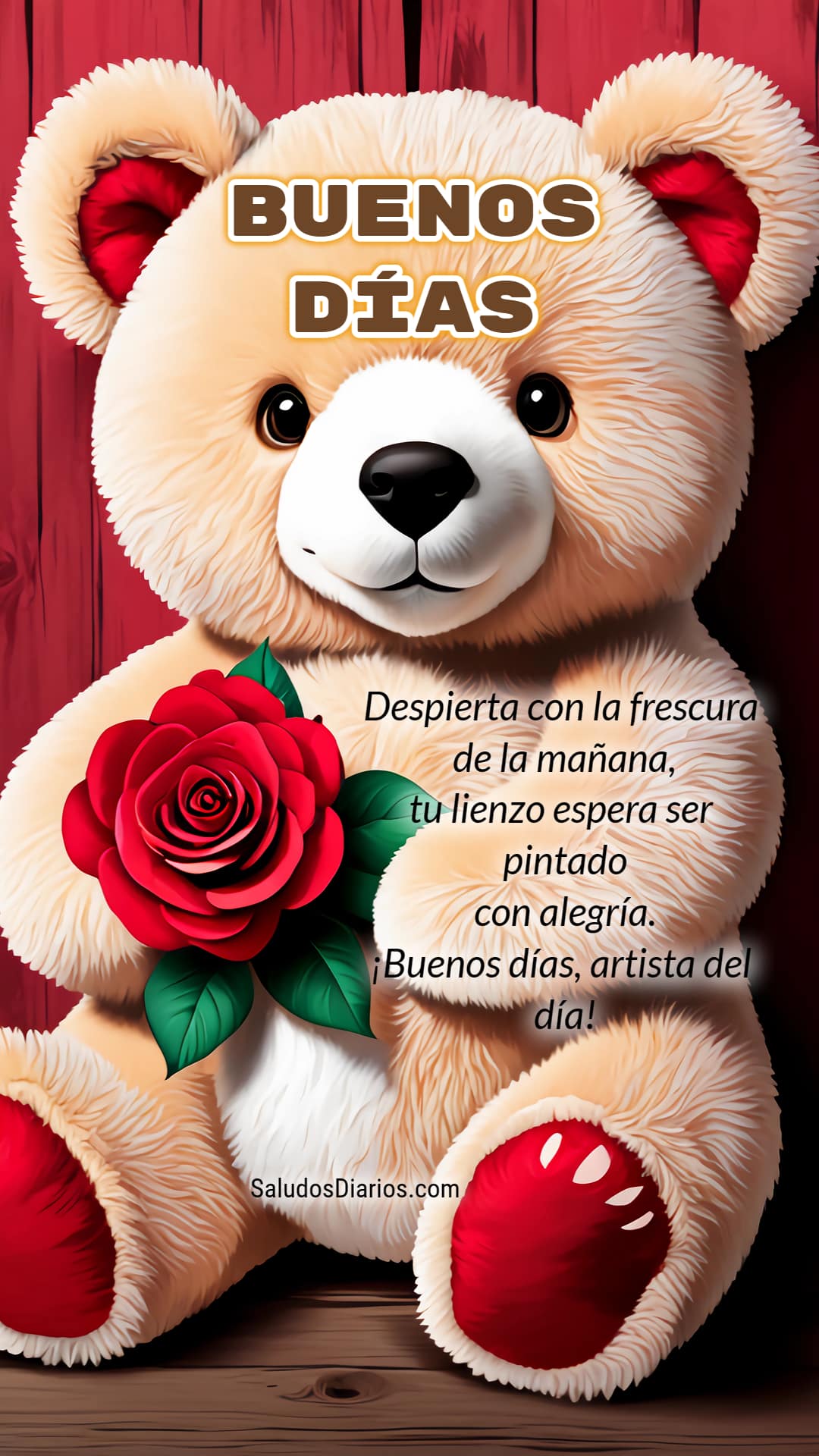 Rosa roja, Oso peluche, Buen día, Despertar, Saludar frase - Saludos Diarios